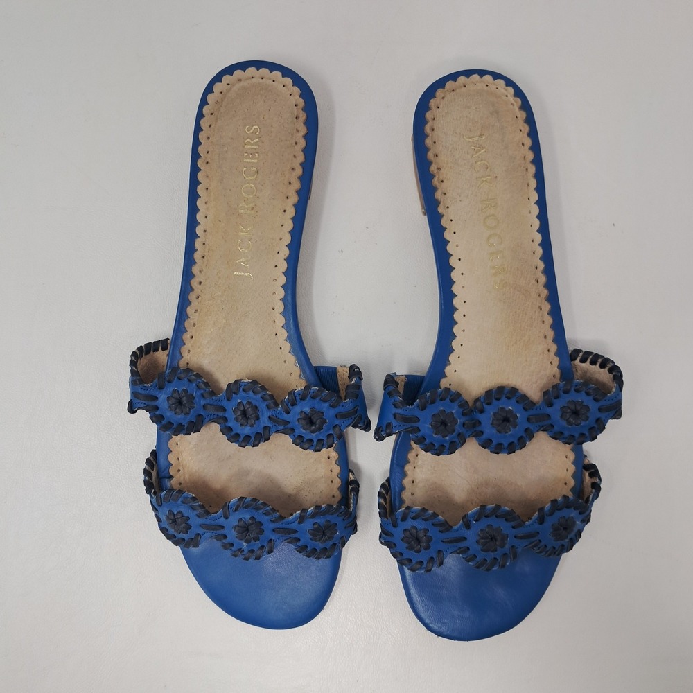 Jack Rogers Double Strap Jacks Leather Slide Sandals Blue Navy Stitch 9.5
